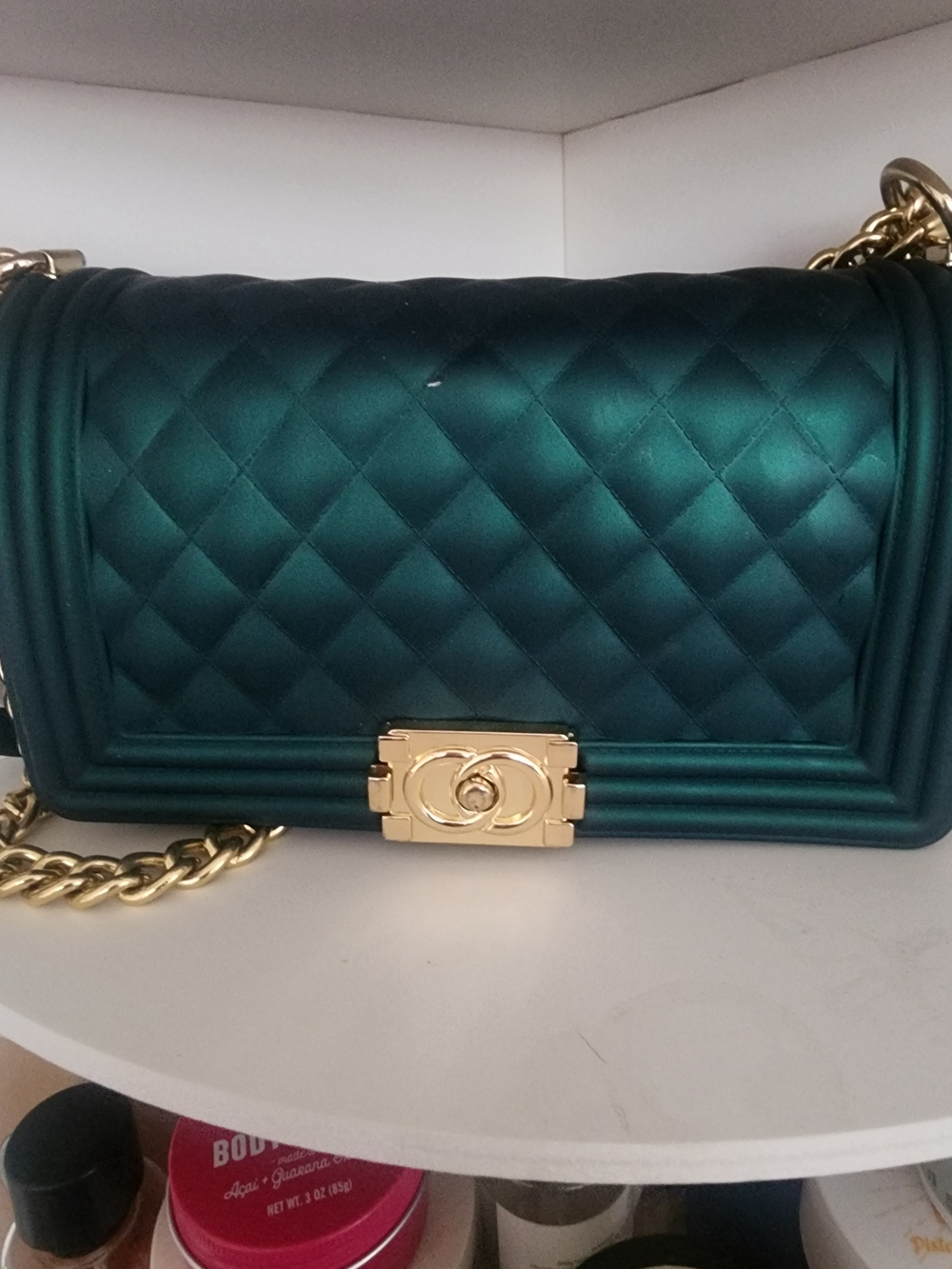 Quilted Teal Chain Shoulder Bag with Gold Hardware
